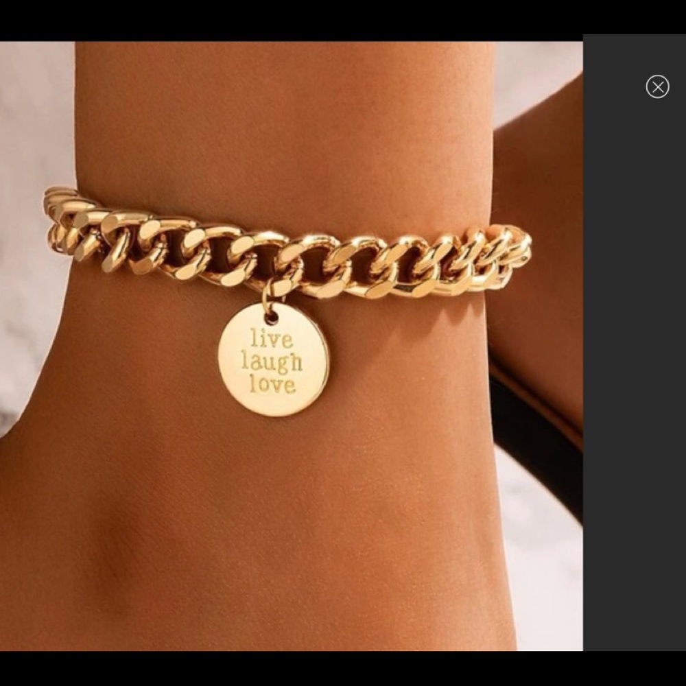 Chunky Gold Tone Ankle Bracelet Live Laugh Love Charm